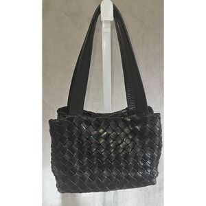 VTG Dooney & Bourke Black Woven Leather Shoulder Bag Basket Weave Denim Lined